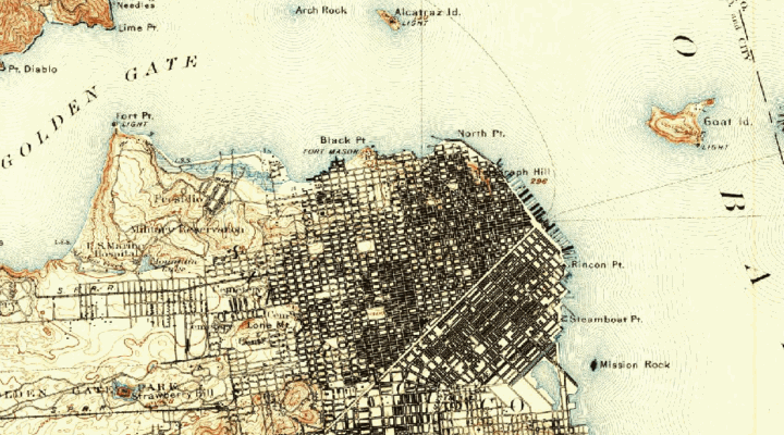 Historical map of San Francisco overlaid on the modern map, showing the opacity slider in action